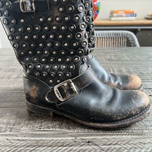 Frye Black Leather Boots with Silver Studs distressed some all over wear size 8